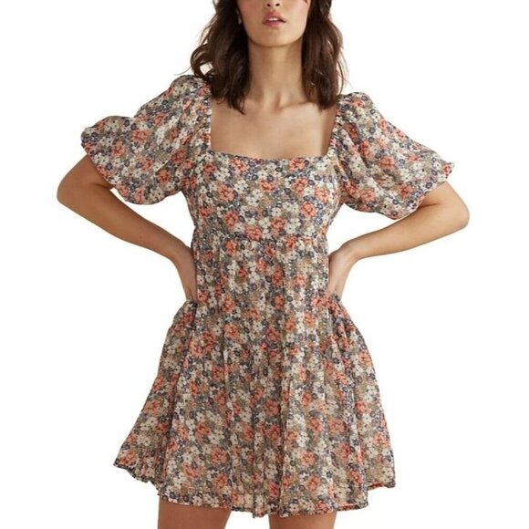 MINKINK Arve Floral Puff Sleeve Mini Dress Open Back Tie Detail Square Neck S - Picture 1 of 12